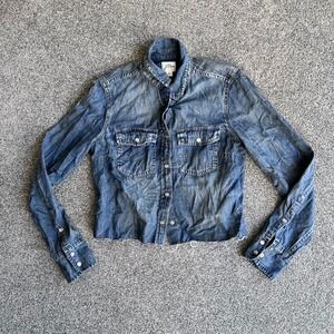 J.Crew Women 0 Denim Western Shirt Raw Hem Snap Button Down Blue Jean Top 4505